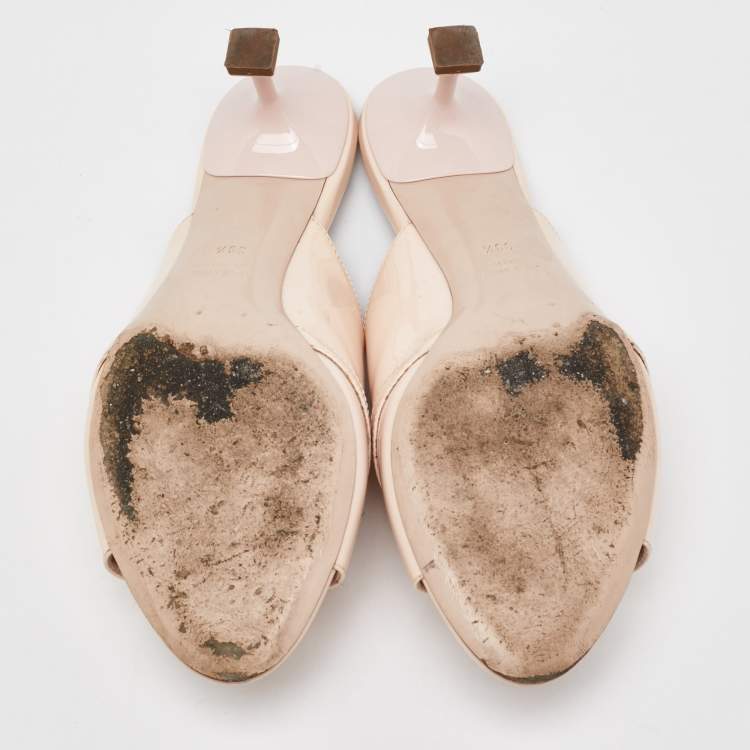 Pre Owned Miu Miu Cream Patent Leather Crystal Embellished Open Toe Mules Size 39.5