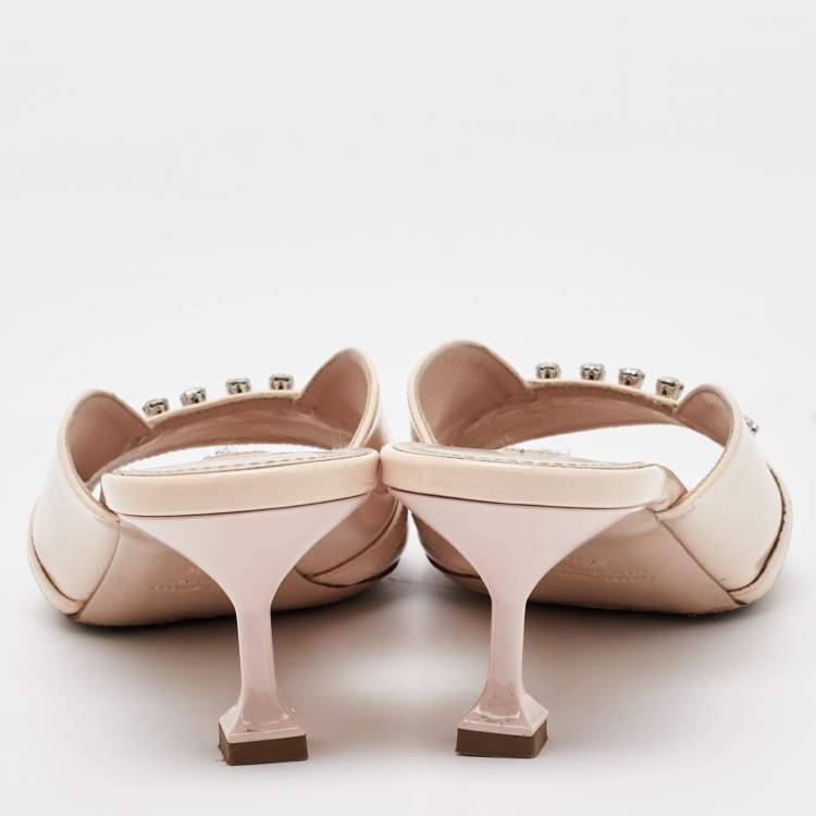 Pre Owned Miu Miu Cream Patent Leather Crystal Embellished Open Toe Mules Size 39.5