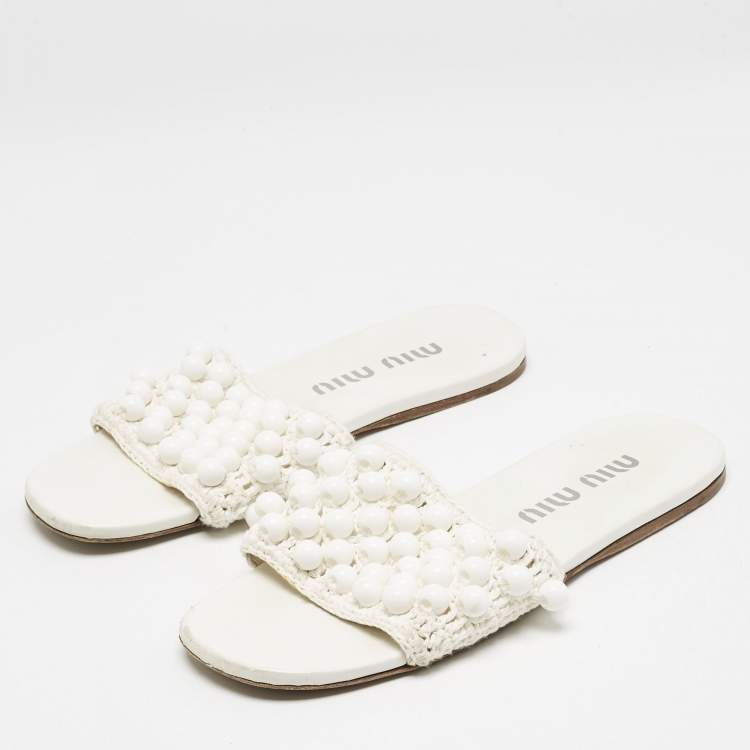 Pre Owned Miu Miu White Crochet Beaded Slide Flats Size 39