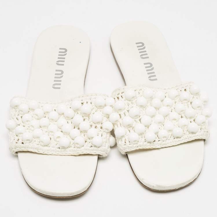 Pre Owned Miu Miu White Crochet Beaded Slide Flats Size 39