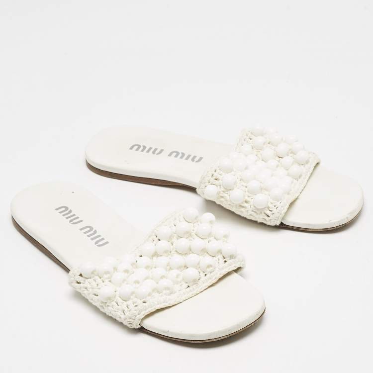 Pre Owned Miu Miu White Crochet Beaded Slide Flats Size 39