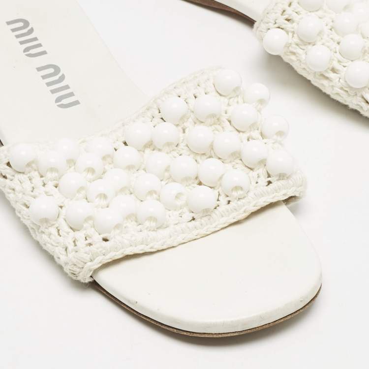 Pre Owned Miu Miu White Crochet Beaded Slide Flats Size 39
