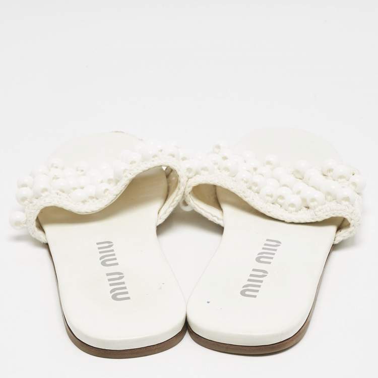 Pre Owned Miu Miu White Crochet Beaded Slide Flats Size 39