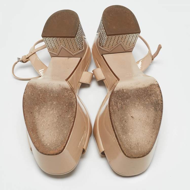 Pre Owned Miu Miu Beige Patent Leather Ankle Strap Sandals Size 38