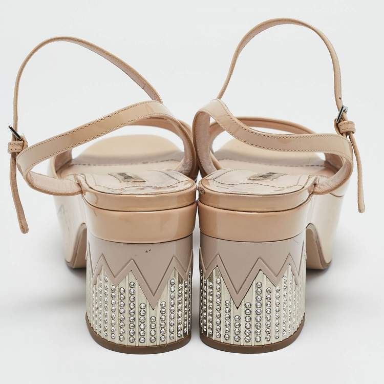 Pre Owned Miu Miu Beige Patent Leather Ankle Strap Sandals Size 38
