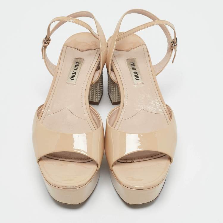 Pre Owned Miu Miu Beige Patent Leather Ankle Strap Sandals Size 38
