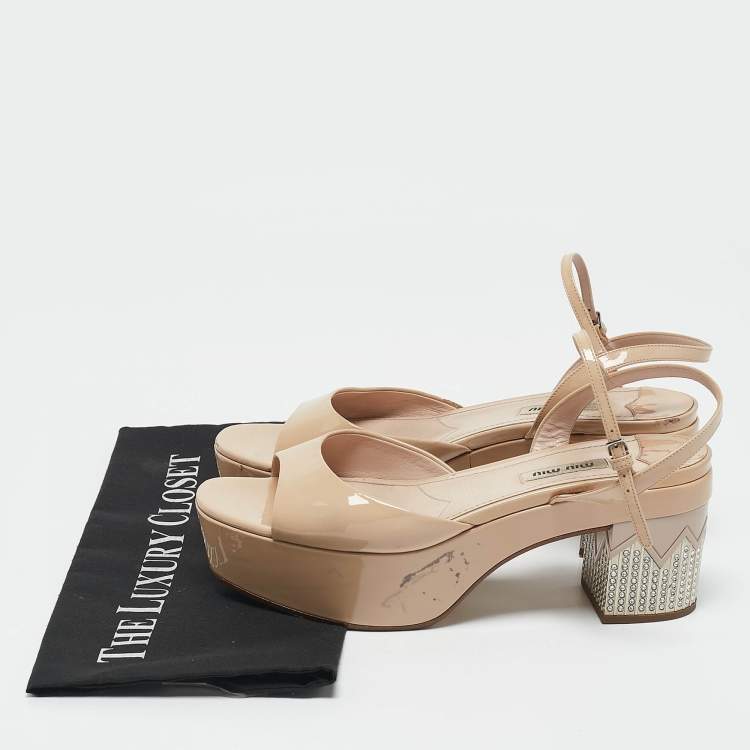 Pre Owned Miu Miu Beige Patent Leather Ankle Strap Sandals Size 38