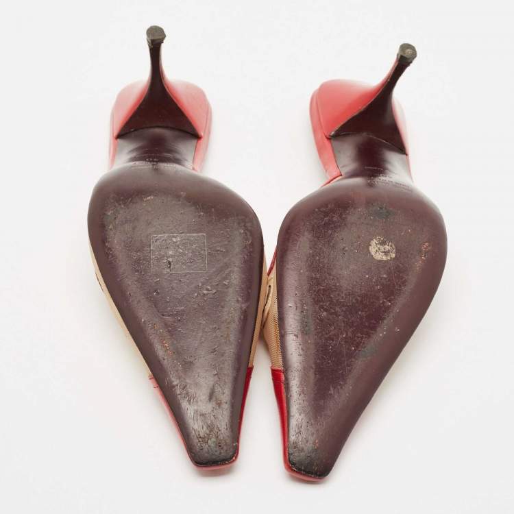 Pre Owned Miu Miu Red/Beige Leather and Mesh Pointed Toe Mules Size 40