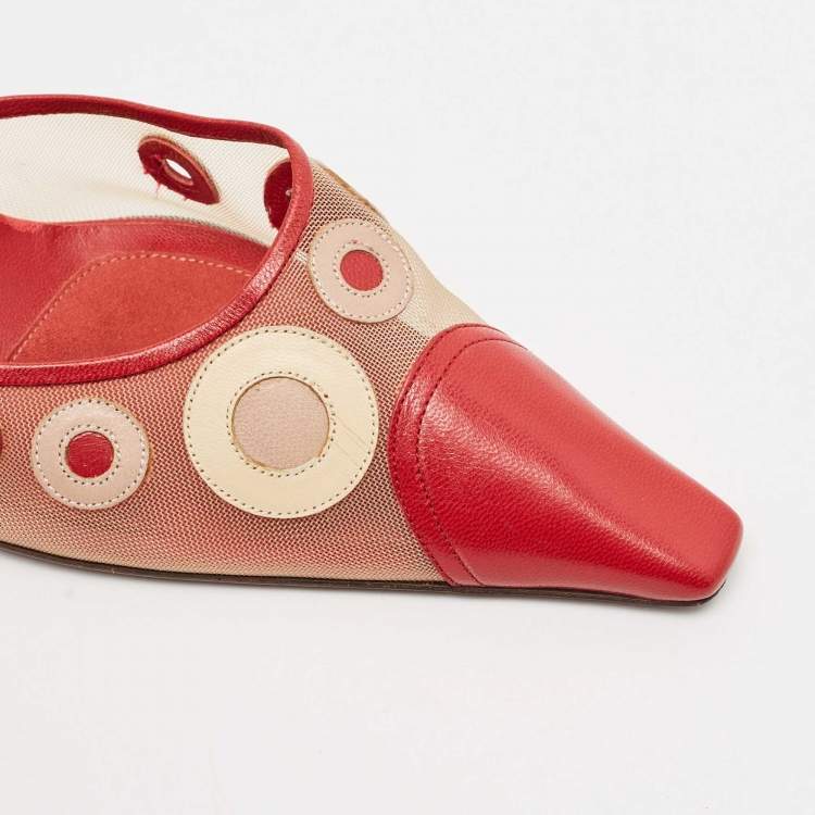 Pre Owned Miu Miu Red/Beige Leather and Mesh Pointed Toe Mules Size 40