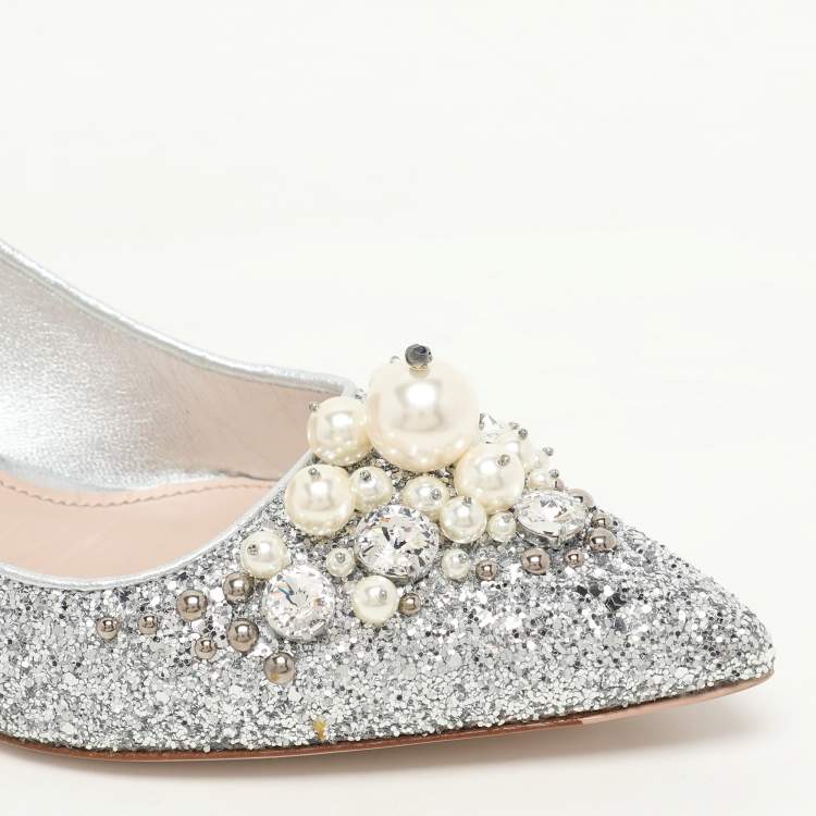 Pre Owned Miu Miu Silver Studded Glitter Crystal Embellished Pointed-Toe Pumps Size 38.5