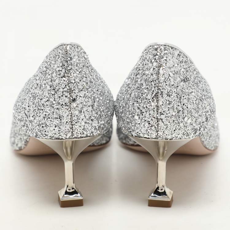 Pre Owned Miu Miu Silver Studded Glitter Crystal Embellished Pointed-Toe Pumps Size 38.5