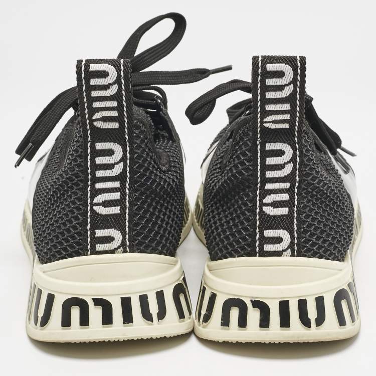 Pre Owned Miu Miu Black Leather and Mesh Lace Up Sneakers Size 39.5