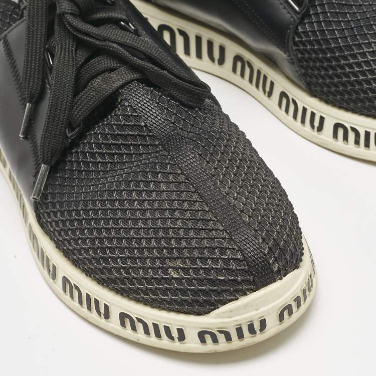 Pre Owned Miu Miu Black Leather and Mesh Lace Up Sneakers Size 39.5