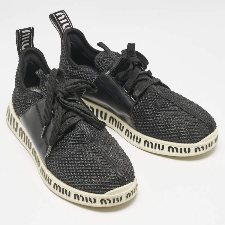 Pre Owned Miu Miu Black Leather and Mesh Lace Up Sneakers Size 39.5