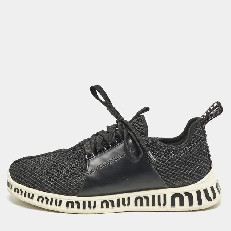 Pre Owned Miu Miu Black Leather and Mesh Lace Up Sneakers Size 39.5