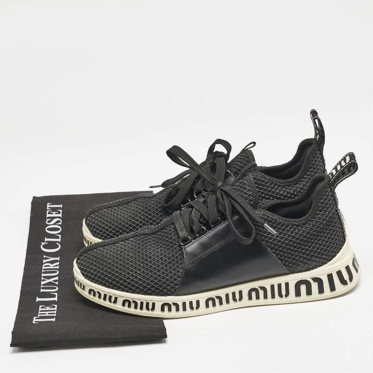 Pre Owned Miu Miu Black Leather and Mesh Lace Up Sneakers Size 39.5