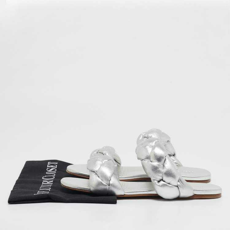 Pre Owned Miu Miu Silver Woven Leather Flat Sandals Size 38.5