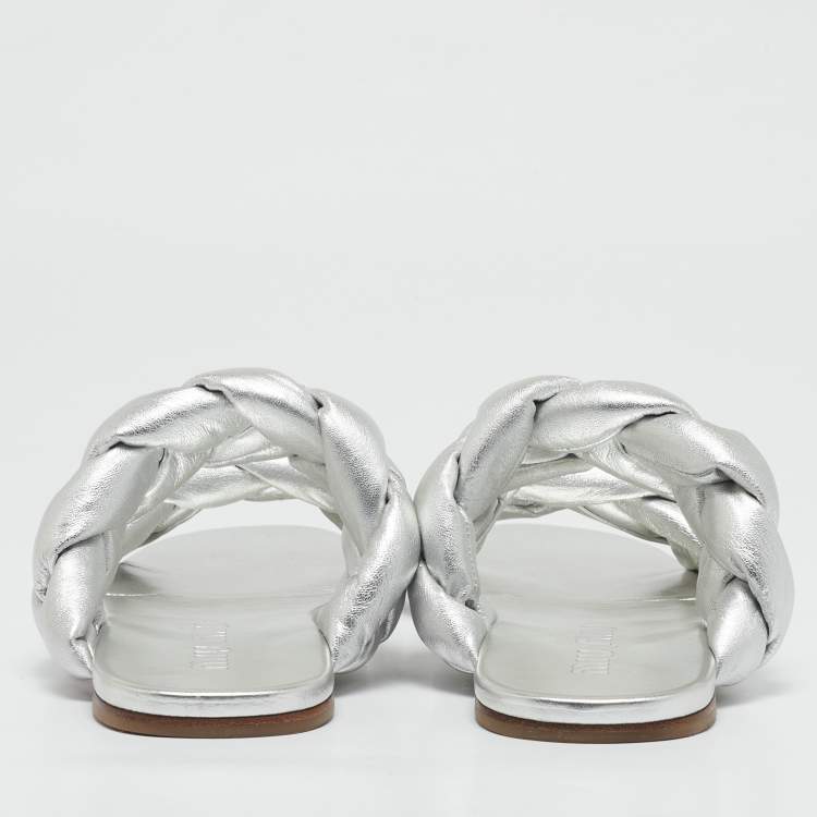 Pre Owned Miu Miu Silver Woven Leather Flat Sandals Size 38.5