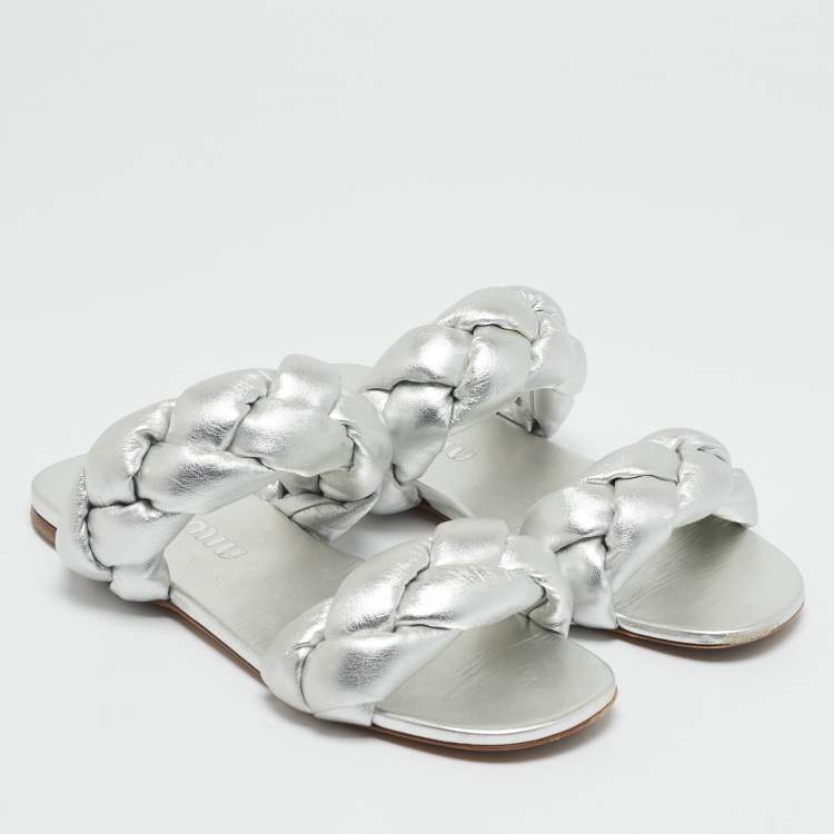 Pre Owned Miu Miu Silver Woven Leather Flat Sandals Size 38.5