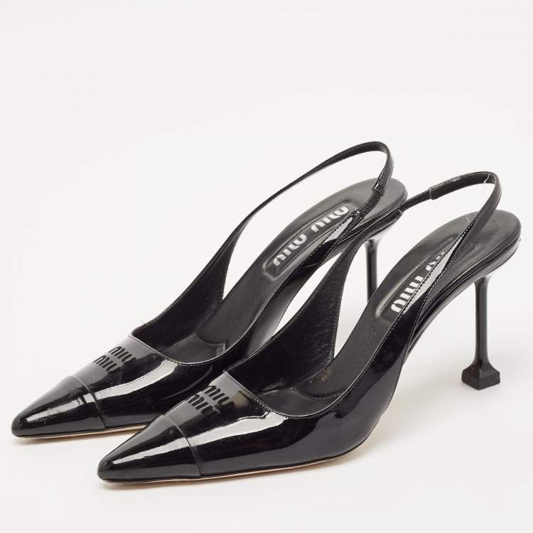 Pre Owned Miu Miu Black Leather Logo Pointed Cap Toe Slingback Pumps Size 37.5