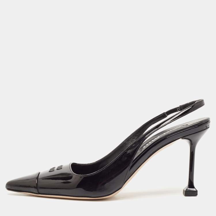 Pre Owned Miu Miu Black Leather Logo Pointed Cap Toe Slingback Pumps Size 37.5