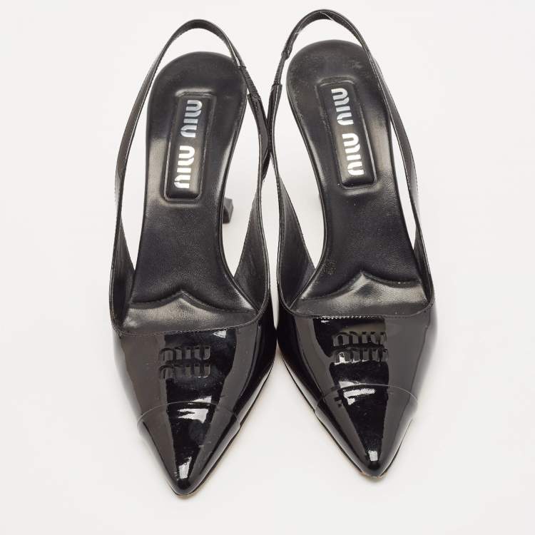 Pre Owned Miu Miu Black Leather Logo Pointed Cap Toe Slingback Pumps Size 37.5