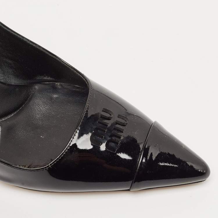 Pre Owned Miu Miu Black Leather Logo Pointed Cap Toe Slingback Pumps Size 37.5