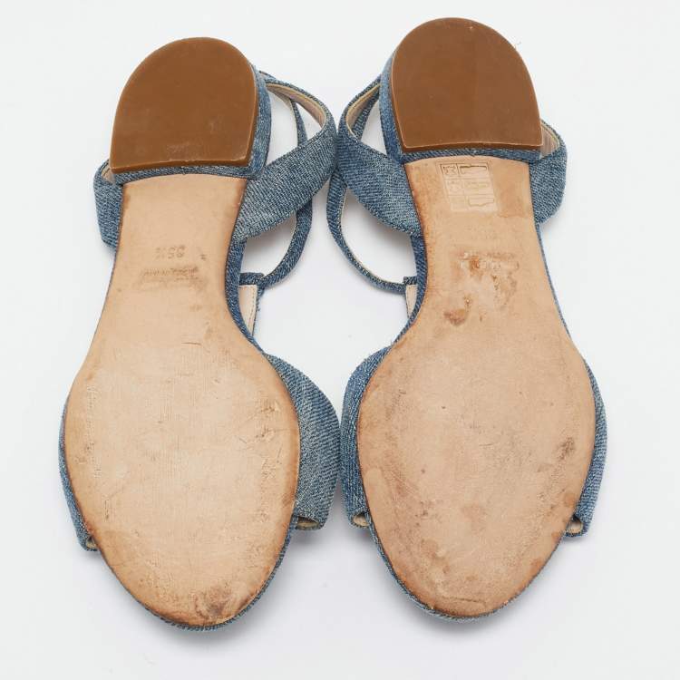 Pre Owned Miu Miu Blue Denim Crystal Embellished Ankle Strap Flat Sandals Size 35.5