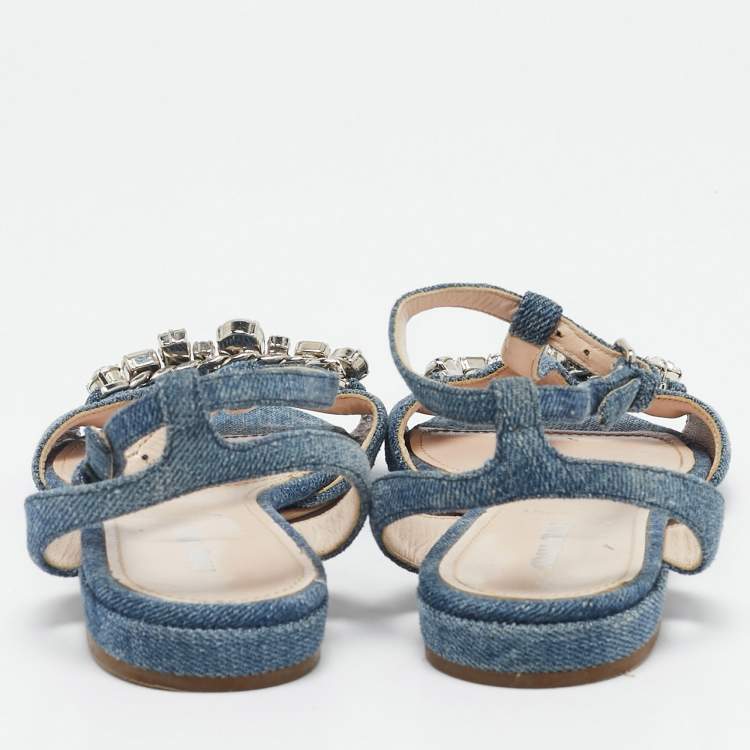 Pre Owned Miu Miu Blue Denim Crystal Embellished Ankle Strap Flat Sandals Size 35.5