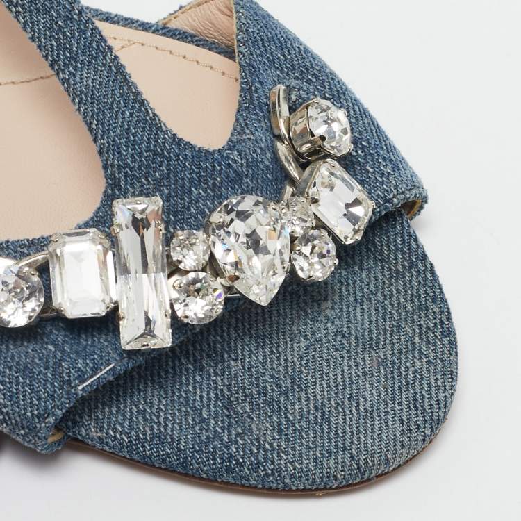 Pre Owned Miu Miu Blue Denim Crystal Embellished Ankle Strap Flat Sandals Size 35.5