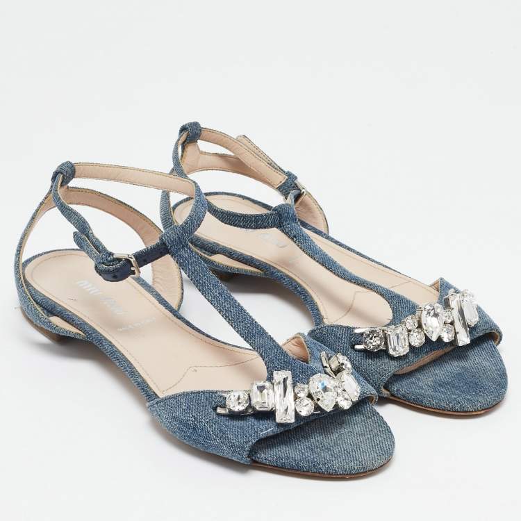 Pre Owned Miu Miu Blue Denim Crystal Embellished Ankle Strap Flat Sandals Size 35.5