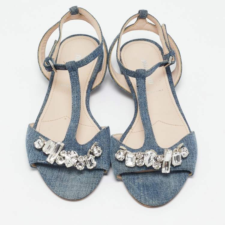 Pre Owned Miu Miu Blue Denim Crystal Embellished Ankle Strap Flat Sandals Size 35.5