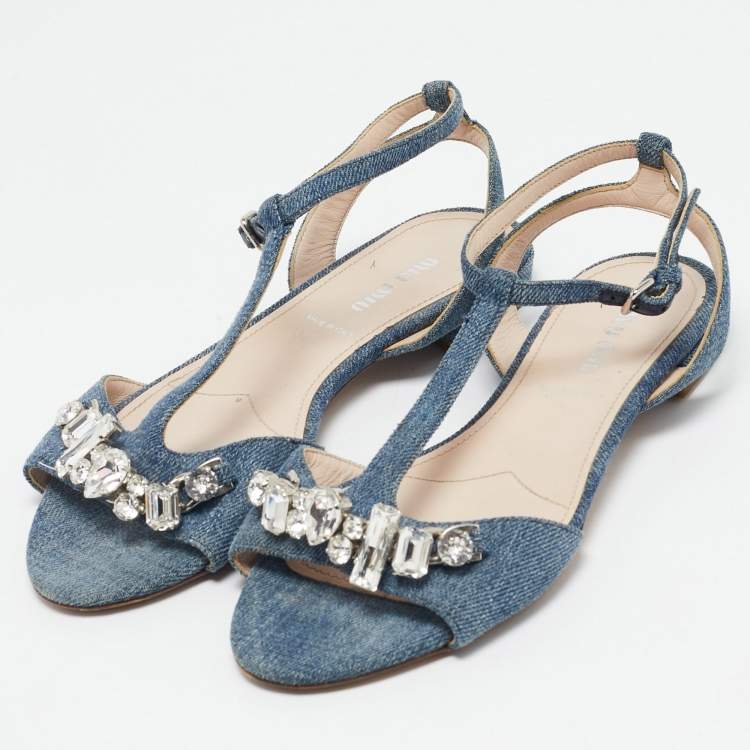 Pre Owned Miu Miu Blue Denim Crystal Embellished Ankle Strap Flat Sandals Size 35.5