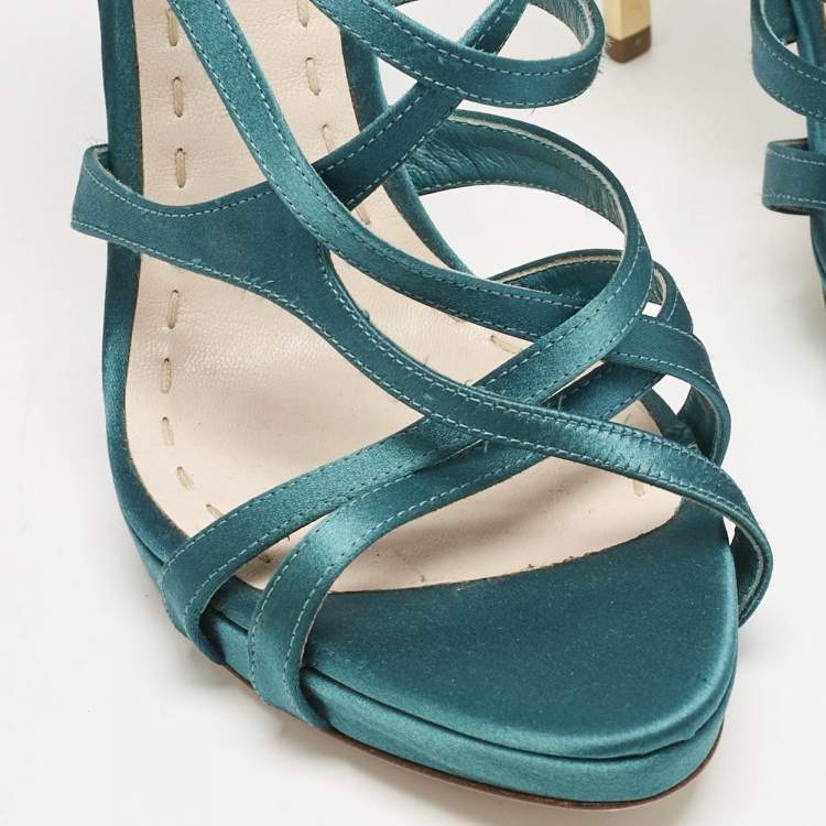 Pre Owned Miu Miu Green Satin Crisscross Ankle Strap Sandals Size 40.5