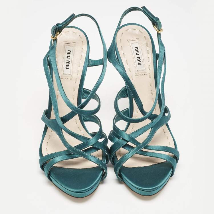 Pre Owned Miu Miu Green Satin Crisscross Ankle Strap Sandals Size 40.5