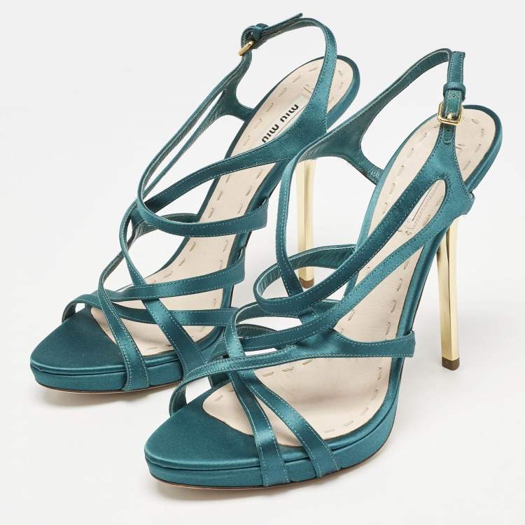 Pre Owned Miu Miu Green Satin Crisscross Ankle Strap Sandals Size 40.5