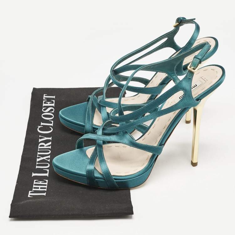 Pre Owned Miu Miu Green Satin Crisscross Ankle Strap Sandals Size 40.5