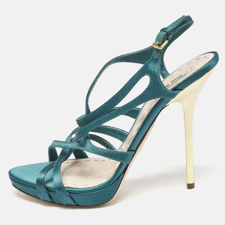 Pre Owned Miu Miu Green Satin Crisscross Ankle Strap Sandals Size 40.5