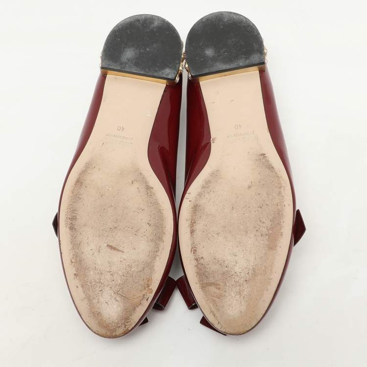 Pre Owned Miu Miu Burgundy Patent Leather Crystal Embellished Heel Bow Slip On Loafers Size 40