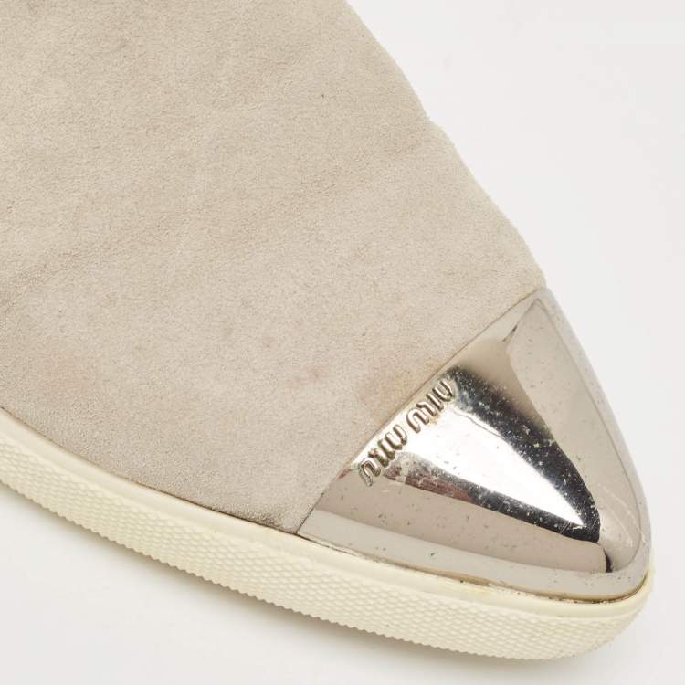 Pre Owned Miu Miu Grey Suede Metal Cap Toe Slip On Sneakers Size 37