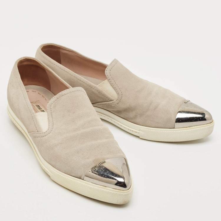 Pre Owned Miu Miu Grey Suede Metal Cap Toe Slip On Sneakers Size 37