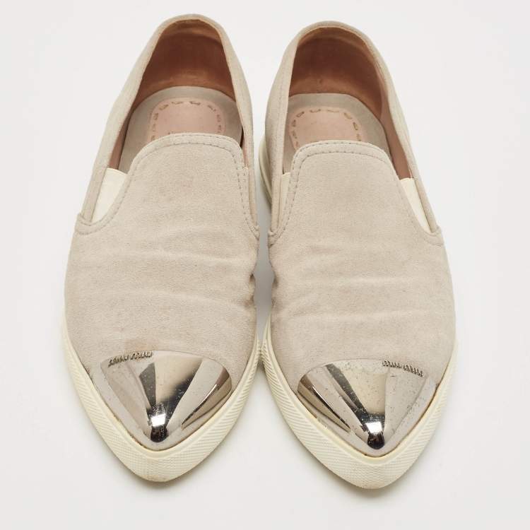 Pre Owned Miu Miu Grey Suede Metal Cap Toe Slip On Sneakers Size 37