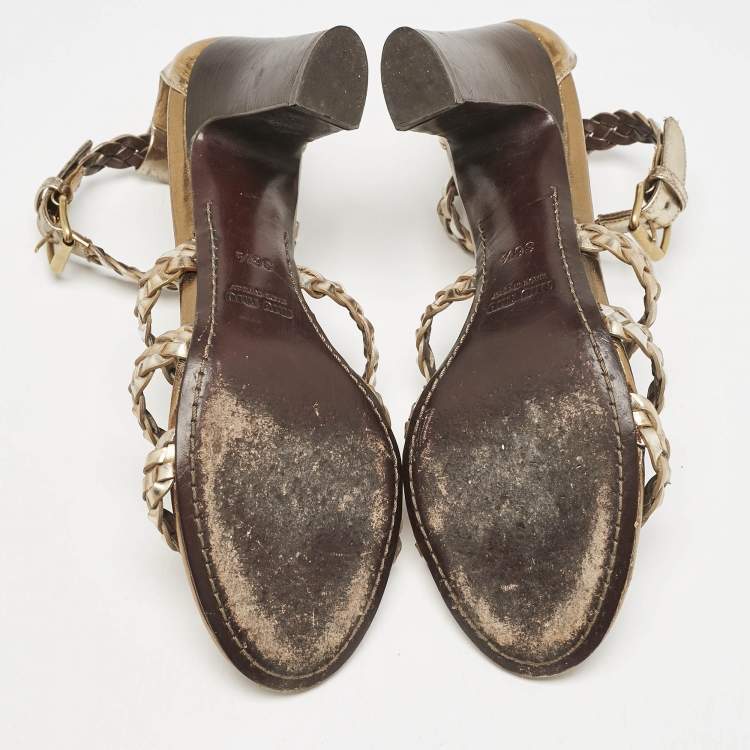 Pre Owned Miu Miu Gold Woven Leather Strappy Sandals Size 36.5