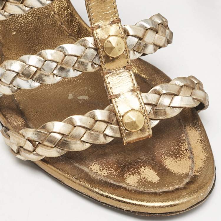 Pre Owned Miu Miu Gold Woven Leather Strappy Sandals Size 36.5