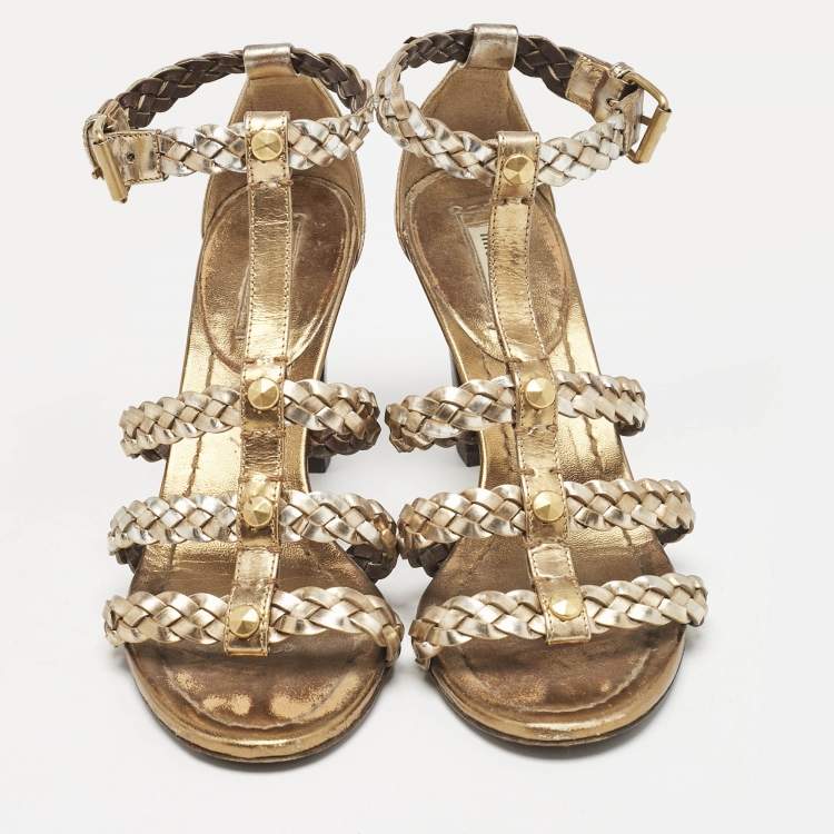 Pre Owned Miu Miu Gold Woven Leather Strappy Sandals Size 36.5