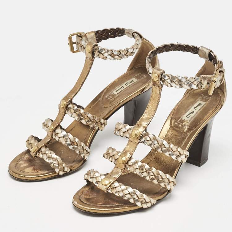 Pre Owned Miu Miu Gold Woven Leather Strappy Sandals Size 36.5