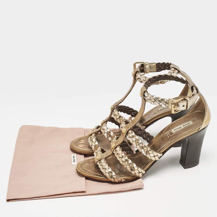 Pre Owned Miu Miu Gold Woven Leather Strappy Sandals Size 36.5