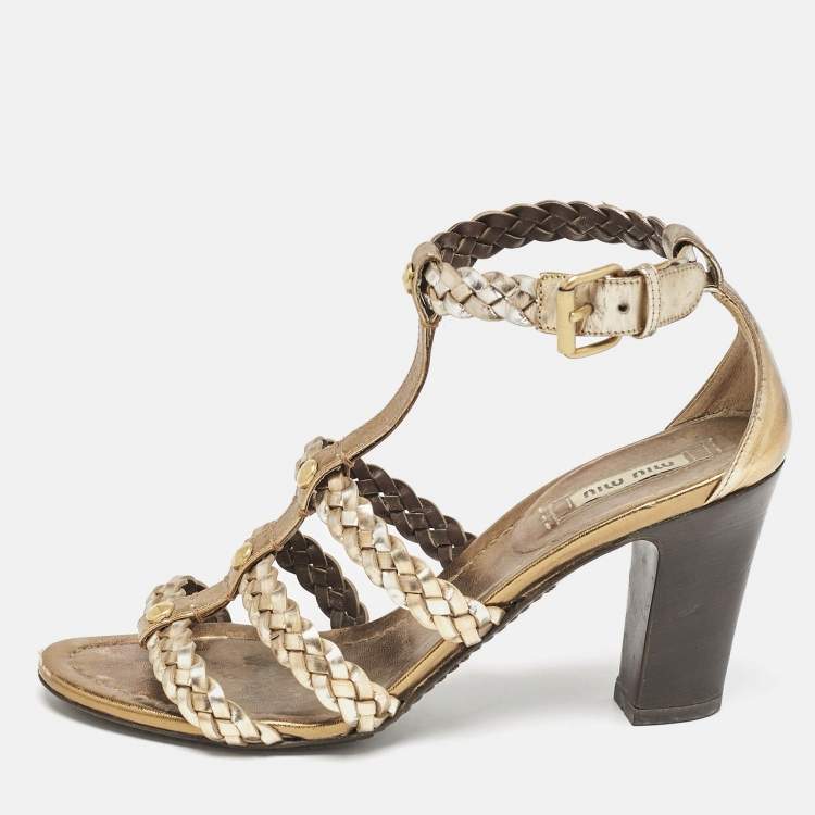 Pre Owned Miu Miu Gold Woven Leather Strappy Sandals Size 36.5