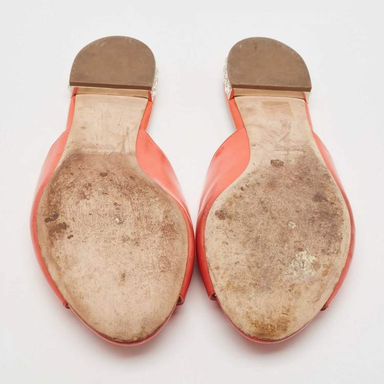 Pre Owned Miu Miu Orange Patent Leather Crystal Embellished Heel Bow Flat Slides Size 41