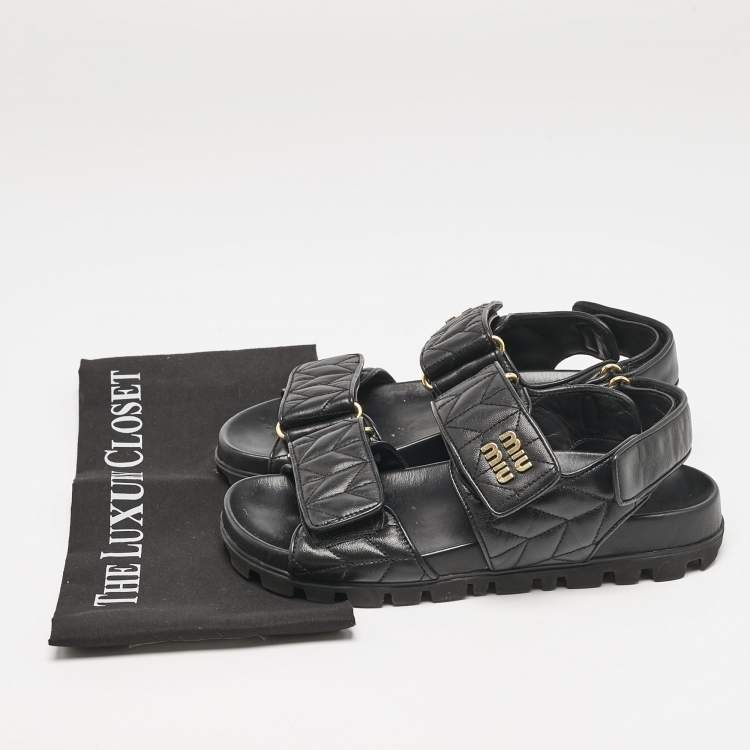 Pre Owned Miu Miu Black Leather  Sporty Matelassé Slingback Sandals Size 37 